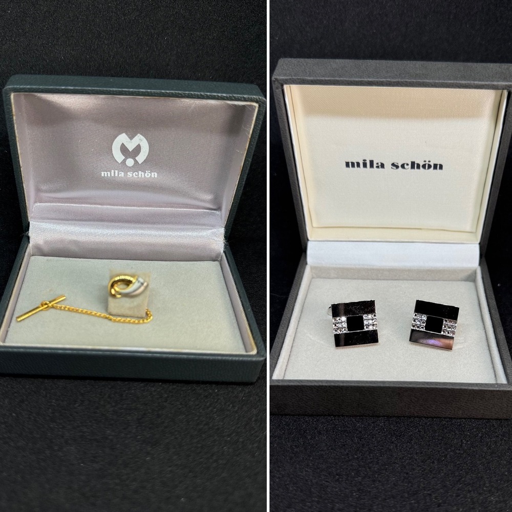 Mila Schön Cufflinks Tie Tack Set of 2 Vintage Gold Tone Black Square - Picture 1 of 10